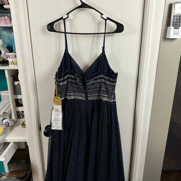 SAY YES TO THE PROM Navy Glitter Sheer Spaghetti Strap Sweetheart Neckline - Picture 7 of 10